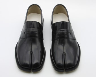 Handmade] Men leather tabi loafer slip on penny loafer shoes split toe in black