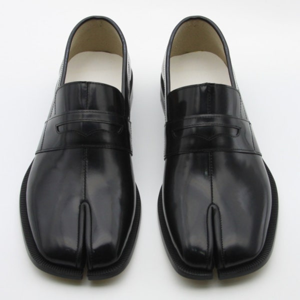 Handmade] Men leather tabi loafer slip on penny loafer shoes split toe in black