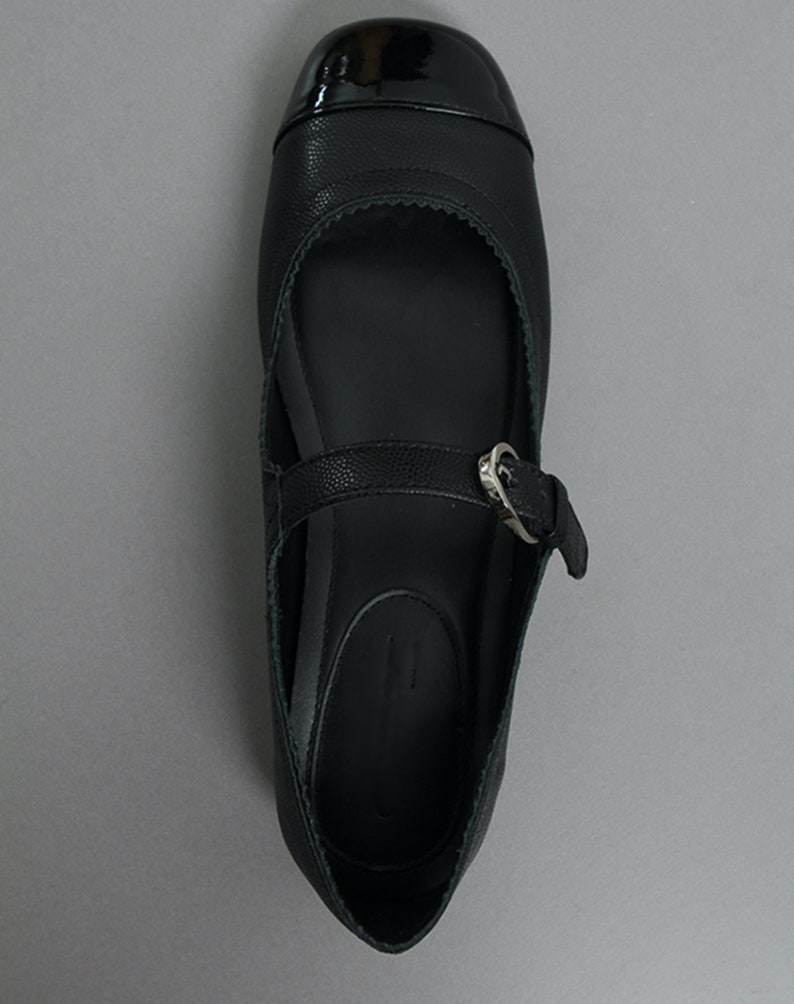 Handmade women tweed ballet flat Mary Jane shoes leather toe cap two tone round toe image 6