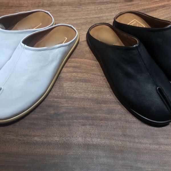 Hand made] Men tabi blofer mule slide shoes sandals split toe leather