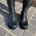 Handmade) Women Combat boots Lace up Ankle Lons Patty shoes row Cow leather in Black product logo