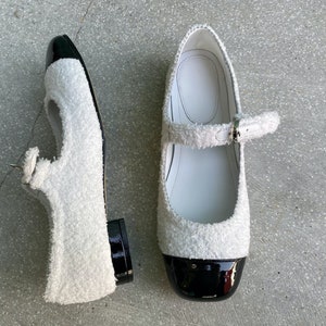 Handmade women tweed ballet flat Mary Jane shoes leather toe cap two tone round toe image 2