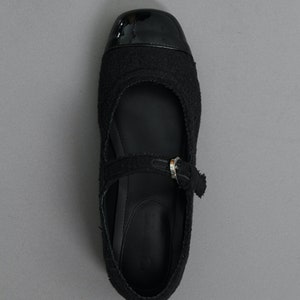 Handmade women tweed ballet flat Mary Jane shoes leather toe cap two tone round toe image 8