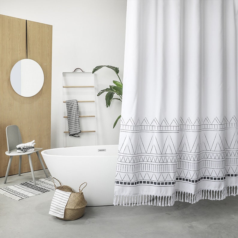 Black White Bohemian Shower Curtain With Tassel Boho Gypsy Style Bath