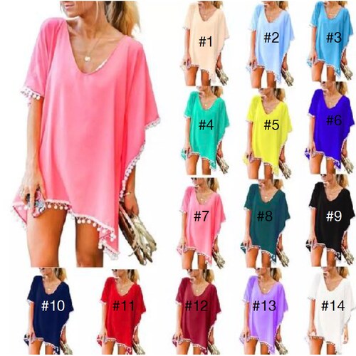 Beach Cover Up Coverup With Pom Poms Swimsuit Coverup Gauze Etsy