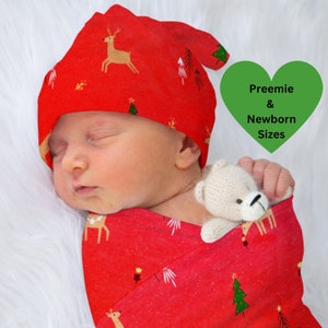 Conjunto de faixa de bebê de Natal e chapéu com nó | Faixa de bebê prematuro de Natal | Conjunto de faixa de recém-nascido vermelho para feriado | Conjunto de faixa de bebê prematuro de Natal da UTI neonatal
