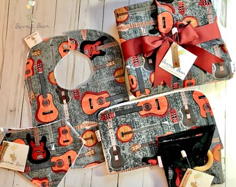 Nashville guitar baby bib guitar baby blanket guitar burp cloth guitar bundle gift set READY TO SHIP guitar teether guitar bandana bib