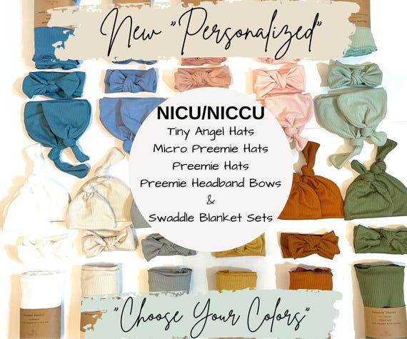 Personalized NICU Micro Preemie Knotted Hats: Preemie Bow | Angel Hat Keepsakes | NICU Preemie Swaddle Blanket Gift | NICU Preemie Gift