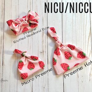 NICU roze geknoopte micropreemie-hoed met aardbeien | NICU Preemie-hoed | Preemie geknoopte muts Strawberry Micro | NICU Preemie hoofdband geknoopte strik