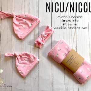 Conjunto de presente para bebês prematuros com flores rosa e caracol | Conjunto de presente para bebês prematuros com flores | Gorro para bebês prematuros | Laço de faixa de cabeça para UTI neonatal | Faixa para bebês prematuros | Gorro para bebês prematuros
