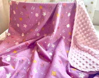 Purple & Pink Floral Baby Bib | Purple Floral Baby Blanket | Girl stroller blanket | Light Pink Minky Baby Blanket | Soft Baby Girl Blanket