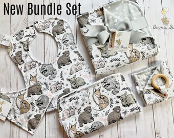 Woodland Animal Baby Bib | Woodland Animal Burp Cloth | Lovey Teether | Bandana Bib | Woodland Baby Blanket | Entire Bundle Gift Set