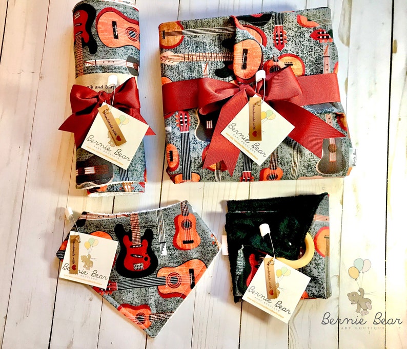 Nashville guitar baby bib guitar baby blanket guitar burp cloth guitar bundle gift set READY TO SHIP guitar teether guitar bandana bib