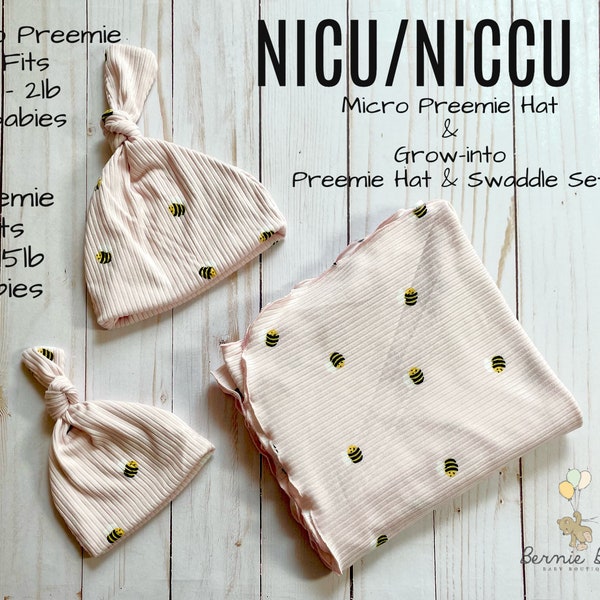 Micro Preemie Grow into Preemie Swaddle | Bee Knotted Preemie Hat | NICU Micro Preemie Hat | Pink NICU Preemie Swaddle | NICU Preemie Hat