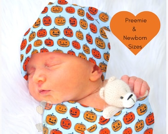 Halloween Baby Swaddle Blanket Set | Pumpkin Newborn Swaddle | Preemie Swaddle | Halloween Baby Gift | Knotted Baby Hat | Pumpkin Blanket
