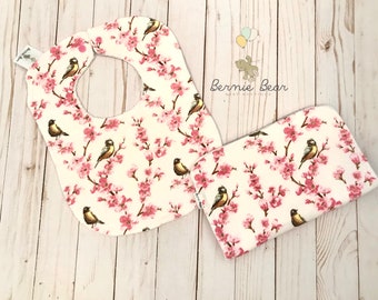 Bird and Cherry Blossom Baby Bibs | Bird and Cherry Blossom Burp Cloth | Cherry Blossom Bib | Baby Bib and Burp Cloth Set | READY TO SHIP