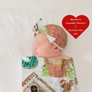 Kerstinbakerdoek voor pasgeboren meisje en strikset met geknoopte hoofdband | Gingerbread babydoekje | Feestdoek | Inbakerset kerst