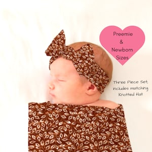 Inbakerdoek met roest en crème blad voor pasgeborenen | NICU Preemie Swaddle-set | Cadeauset babymeisje | Geknoopt babymutsje | Babyhoofdband geknoopte strik