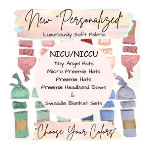 May include: An assortment of baby items, including hats, headbands, and swaddle blankets, in various pastel colors. The image features text that reads "New Personalized" and "Choose Your Colors."