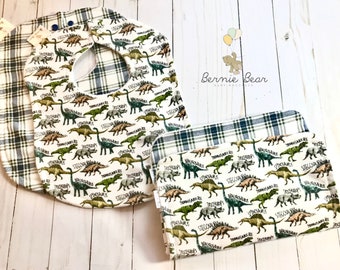 Dinosauriehaklapp | Dinosaurie-späckduk | Dinosaurie-dregelhaklapp | Rutig haklapp | Rutig späckduk | Presentset för pojkebebis | Dinosaurie-gåva