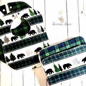 Woodland Forest Bear Baby Bib | Woodland Bear Burp Cloth | Plaid Baby Bib | Both Bib & Burp Cloth Set | Boy Baby Gift Set | Absorbent Bibs