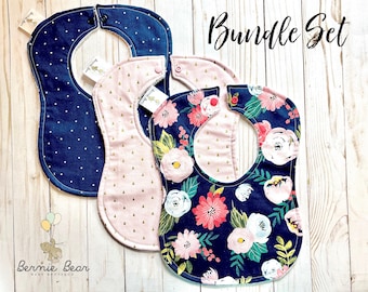 Floral Baby Bib Set | Navy Floral Bib | Navy Polka Dot Bib | Pink Baby Bib | Floral Drool Bib | Floral Toddler Bibs | Girl Baby Bib Gift Set