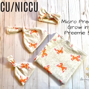 Micro Preemie Grow into Preemie Swaddle-set | Preemie-hoed | NICU Micro Preemie-hoed | Preemie-inbakerdoek NICU | Babycadeau vlinder | NICU-cadeau