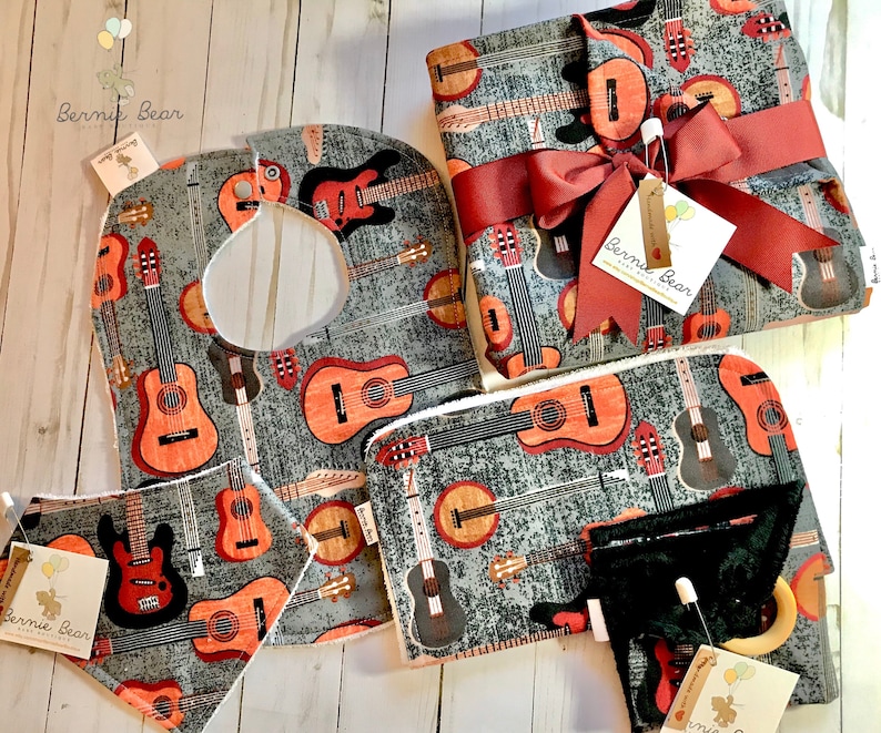 Nashville guitar baby bib guitar baby blanket guitar burp cloth guitar bundle gift set READY TO SHIP guitar teether guitar bandana bib