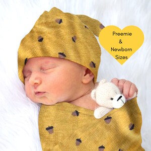 Cobertor de envoltório de outono e chapéu atado | Swaddle recém-nascido de bolota | Swaddle para prematuros de outono | Chapéu do prematuro da queda | Swaddle de mostarda | Conjunto de presentes para bebês de outono