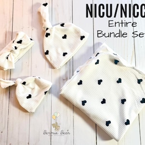 Conjunto de cobertores de fraldas em forma de coração para bebês prematuros NICU/NICCU Micro | Chapéus para bebês prematuros NICU | Chapéus para bebês prematuros micro | Chapéus para bebês prematuros | Conjunto de presente para bebês prematuros neutro em termos de gênero
