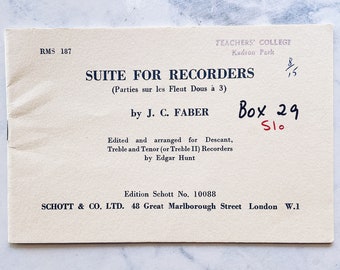 Vintage Sheet Music Booklet "Suite for Recorders" by J. C. Faber - Vintage Ephemera, Junk Journal, Crafting, Scrapbooking, Mail Art