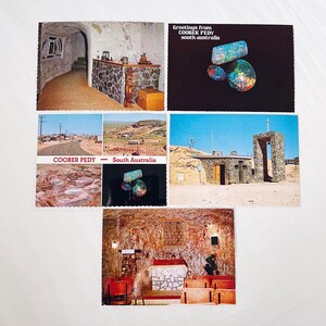 Sacola de 5 cartões postais turísticos vintage de Coober Pedy, South Australia, com bordas recortadas, da década de 1970
