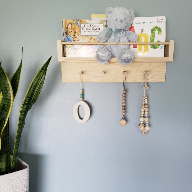 Bookshelf with Pegs Shelf With Hooks Nursery Shelf image 2