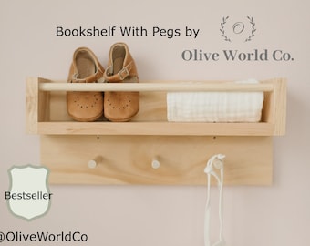 Wooden Bookshelf With Pegs - Kids Shelf - Bookshelves - Wall Decor - Modern Kids Bookshelves - Christmas Gift