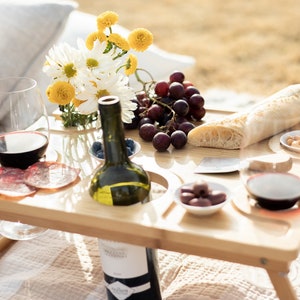 2 in 1 Wine Picnic Table - Ideal Wine Lover Gift - Folding Portable Outdoor Wine Glasses & Bottle - Cheese Holder Tray for Parks or Parties