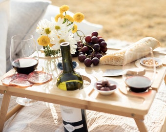 2 in 1 Wine Picnic Table - Ideal Wine Lover Gift - Folding Portable Outdoor Wine Glasses & Bottle - Cheese Holder Tray for Parks or Parties