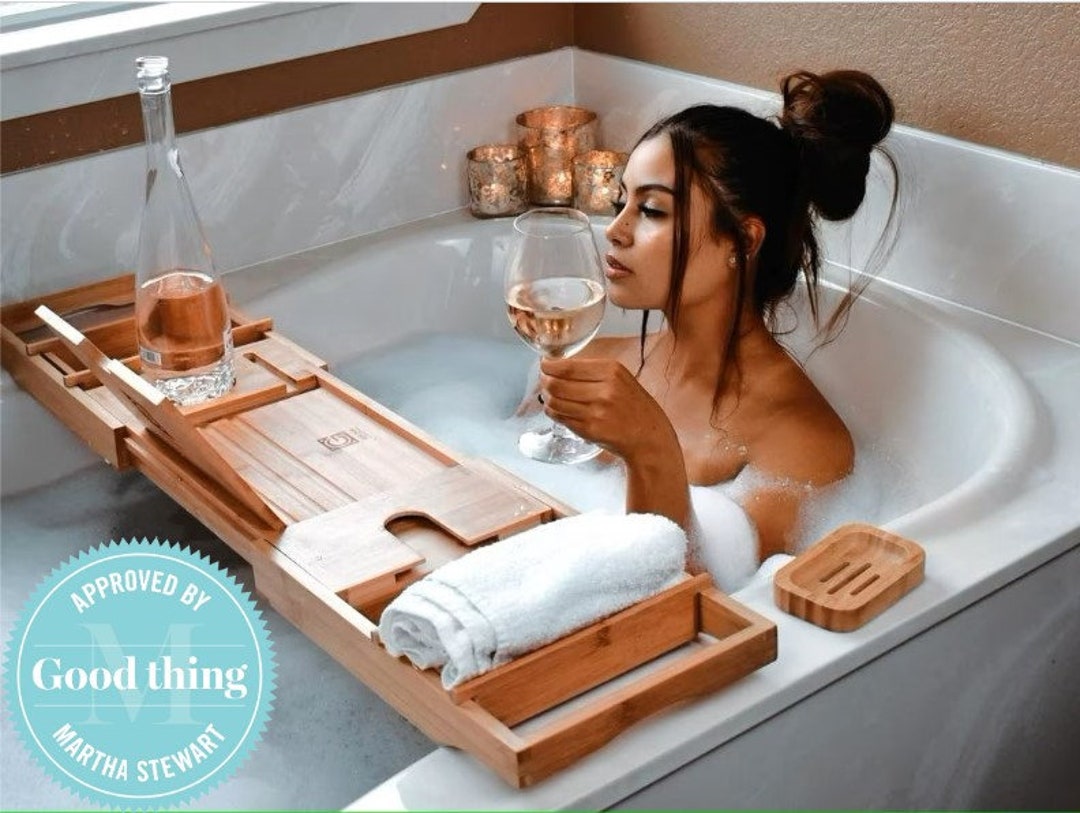 Bamboo Bathtub or Spa Tray Extendable Caddy Organizer Rack Book Bevera -  NaturalGoodz