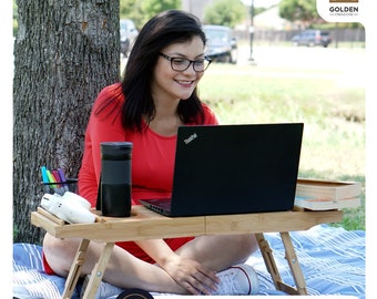2-in-1 Laptop Desk & Bathtub Tray with Free Soap Holder in a Gift Box - Premium Natural Bamboo - READY TO SHIP