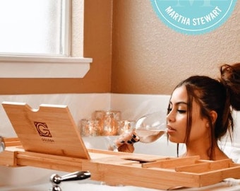 2-in-1 Bathtub Caddy & Bed Tray with Free Soap Holder in a Gift Box - Premium Natural Bamboo - READY TO SHIP