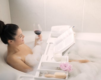2-in-1 Bathtub Caddy & Bed Tray with Free Soap Holder in a Gift Box - White Bamboo - READY TO SHIP