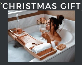 Christmas Gift - 2 in 1 Bath Tray & Small Desk with Free Soap Holder - Perfect Gift for Mom and Wife - Natural Bamboo