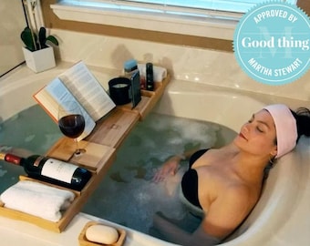 2-in-1 Bathtub Caddy & Bed Tray with Free Soap Holder in a Gift Box - Premium Natural Bamboo - READY TO SHIP