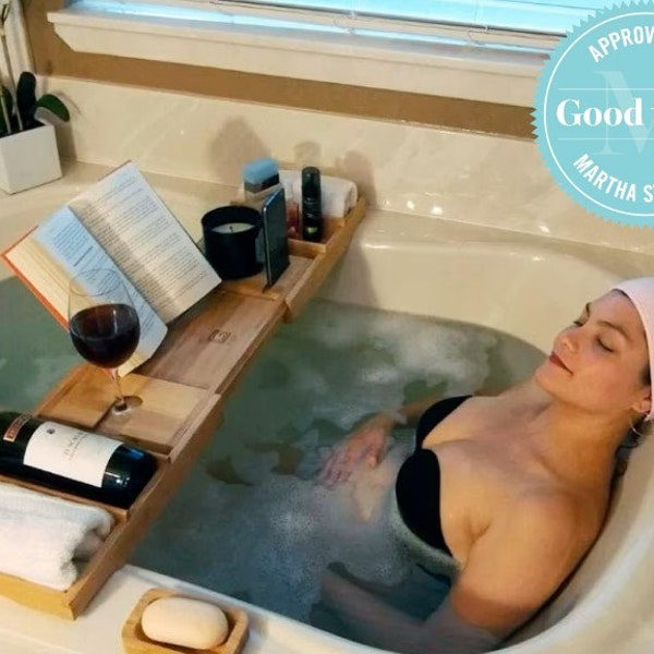 2-in-1 Bathtub Caddy & Bed Tray with Free Soap Holder in a Gift Box - Premium Natural Bamboo - READY TO SHIP