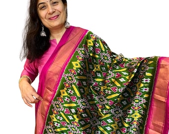 Dupatta de seda ikat tejida a mano, pañuelo indio verde oscuro, seda certificada