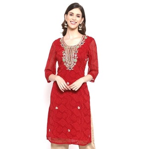 Red Bandhani Georgette Kurti for Women | Diwali & Festive Wear Indian Kurti