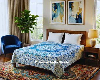 Blue  Ombre Handblock Printed Twin Size Bed Sheet with 2 White Pillow Covers