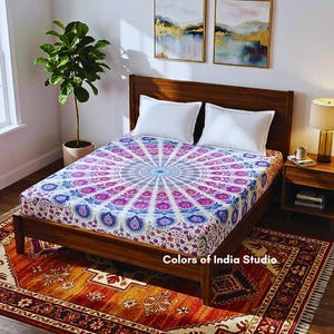 Blue Pink Mandala Cotton Bedsheet Twin Size With 2 White Pillow Covers image 1