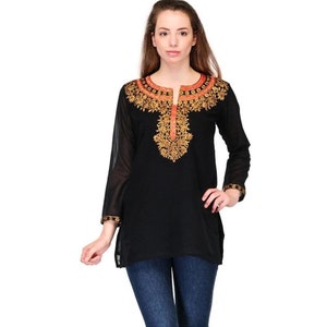 Schwarze Georgette bestickte Kurti | Schwarzes Sommer Top | Schwarzes Boho Top