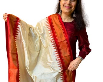 Dupatta de seda ikat color blanco hueso, bufanda festiva tejida a mano