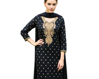 Black Woolen Kashmiri Suit | Embroidered Kurta Salwar Dupatta Set